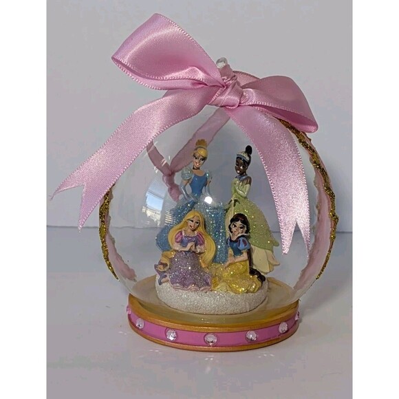 DISNEY PARKS PRINCESS PINK GLASS GLOBE ORNAMENT CINDERELLA TIANA RAPUNZEL SNOW - Picture 1 of 8